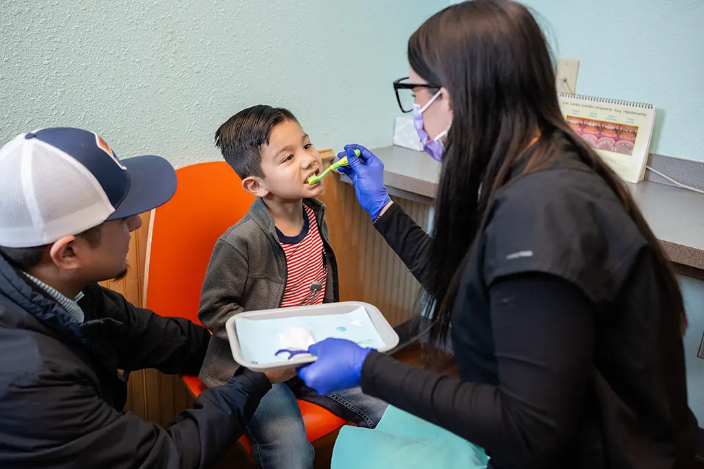 Dental Hygienist Teaching Boy To Brush Teeth